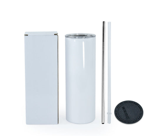 A sleek and minimalist Gucci Drop 20oz Tumbler by Kreative Kreationz, featuring durable construction and a lid, stands next to a white rectangular box. A metal straw and a black circular coaster are also visible.