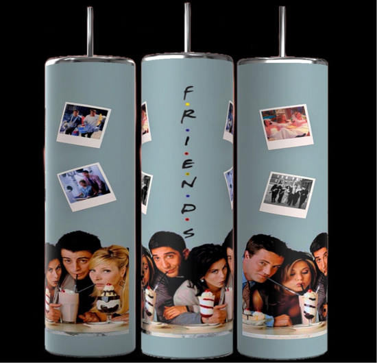 Three cylindrical Teal Friends TV Show 20oz Tumblers by Kreative Kreationz feature images from the TV show 