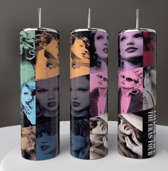 The Taylor Swift ERAS 20oz Tumbler from Kreative Kreationz includes three tumblers with spill-proof lids and reusable straws. They feature a collage of black-and-white and color-tinted images, showcasing various poses of the singer, arranged in vertical strips for striking visual appeal.