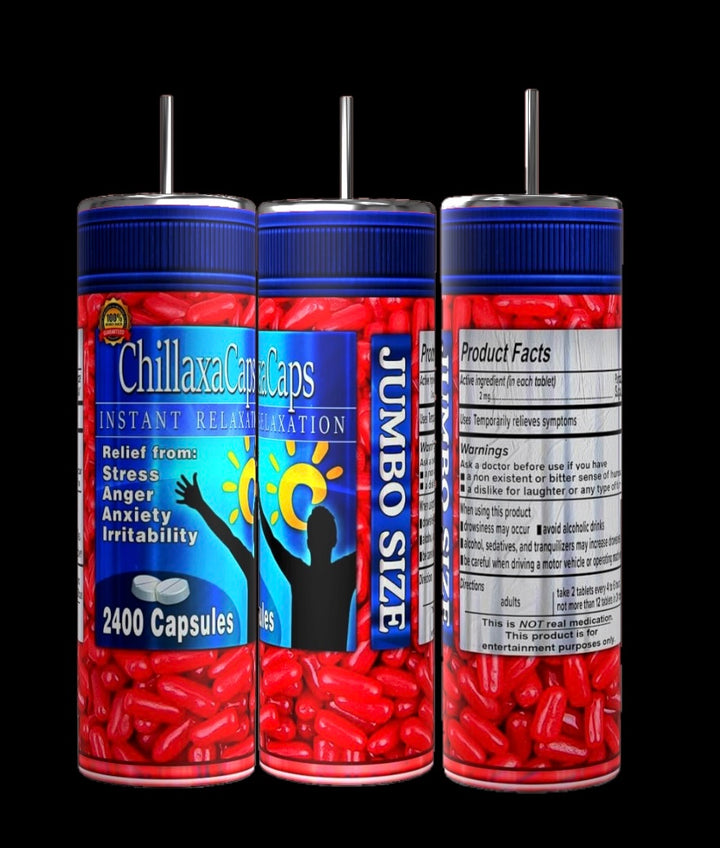 Three bottles of "ChillaxaCaps" offer stress, anger, anxiety, and irritability relief. They come with a Chillax Adult Issues 20oz Skinny Tumbler by Kreative Kreationz featuring double-wall insulation. The jumbo bottles include 2400 red capsules with product facts on the back label.