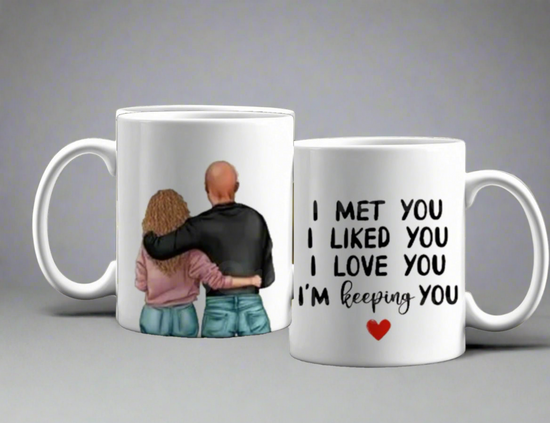 The Couples Ceramic Mug by Kreative Kreationz is a perfect romantic gift, featuring one mug with a couple embracing from behind, and the other stating 