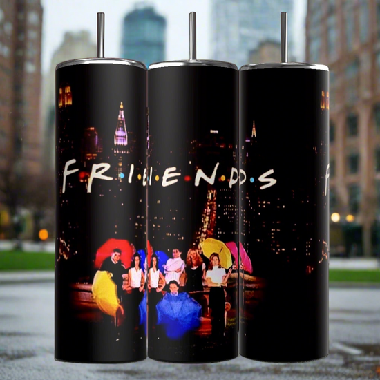 Friends TV show 90s sitcom showing the cast with colorful umbrellas and the word “friends” written across the top in their signature font