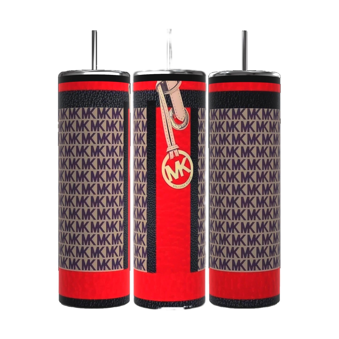 Three MK Designer Inspired 20oz Tumblers from Kreative Kreationz showcase a repeating "MK" pattern in red, black, and beige hues. Each tumbler features a metallic zipper and logo charm design, complete with a metal straw extending from the top. The durable construction ensures beverages stay hot or cold in this sleek and modern design.