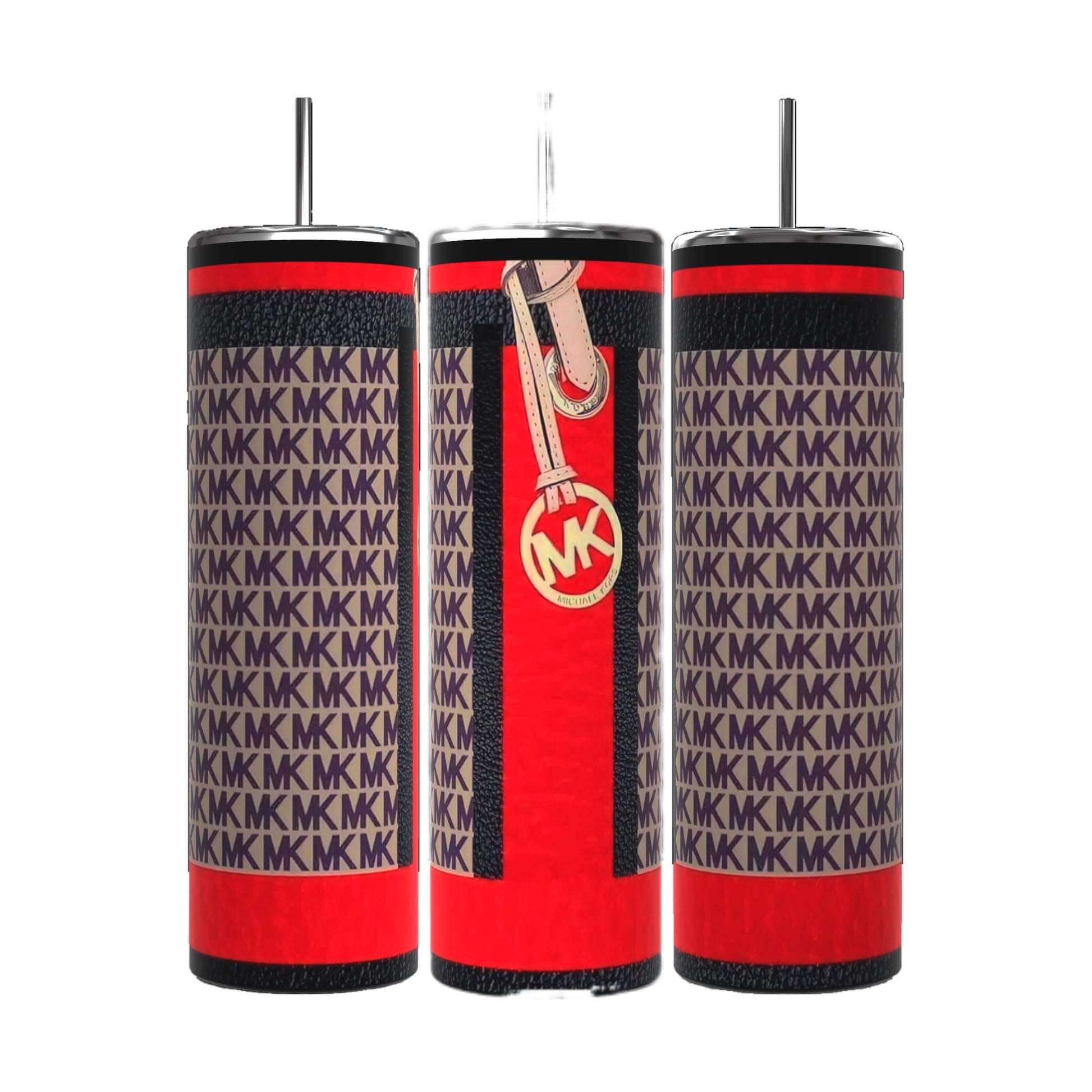 Three MK Designer Inspired 20oz Tumblers from Kreative Kreationz showcase a repeating "MK" pattern in red, black, and beige hues. Each tumbler features a metallic zipper and logo charm design, complete with a metal straw extending from the top. The durable construction ensures beverages stay hot or cold in this sleek and modern design.