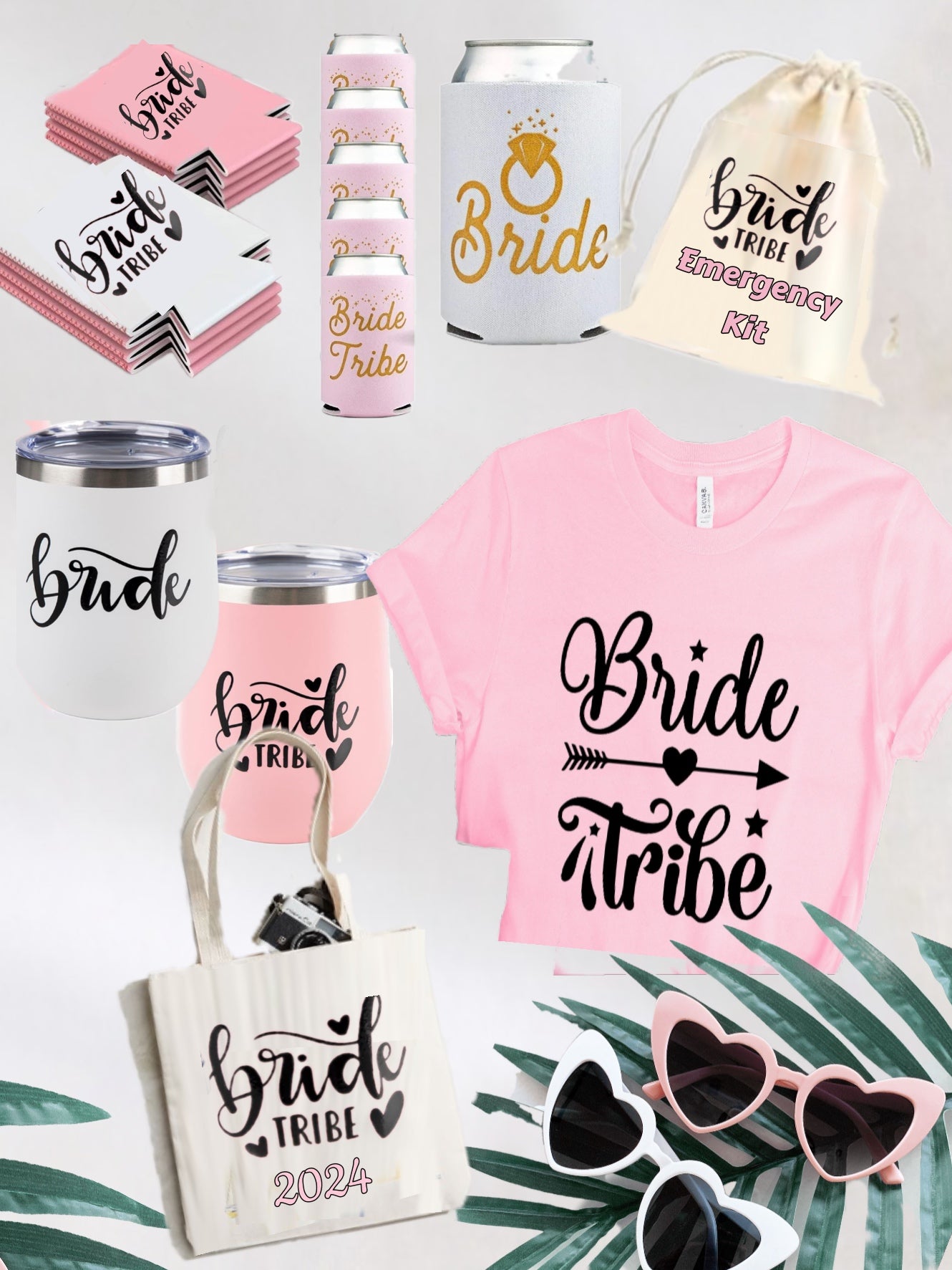 Collage showing a party bundle with a Tshirt, can koozie. Wine tumbler, small satchel, canvas bag, sunglasses which state “bride tribe” on them