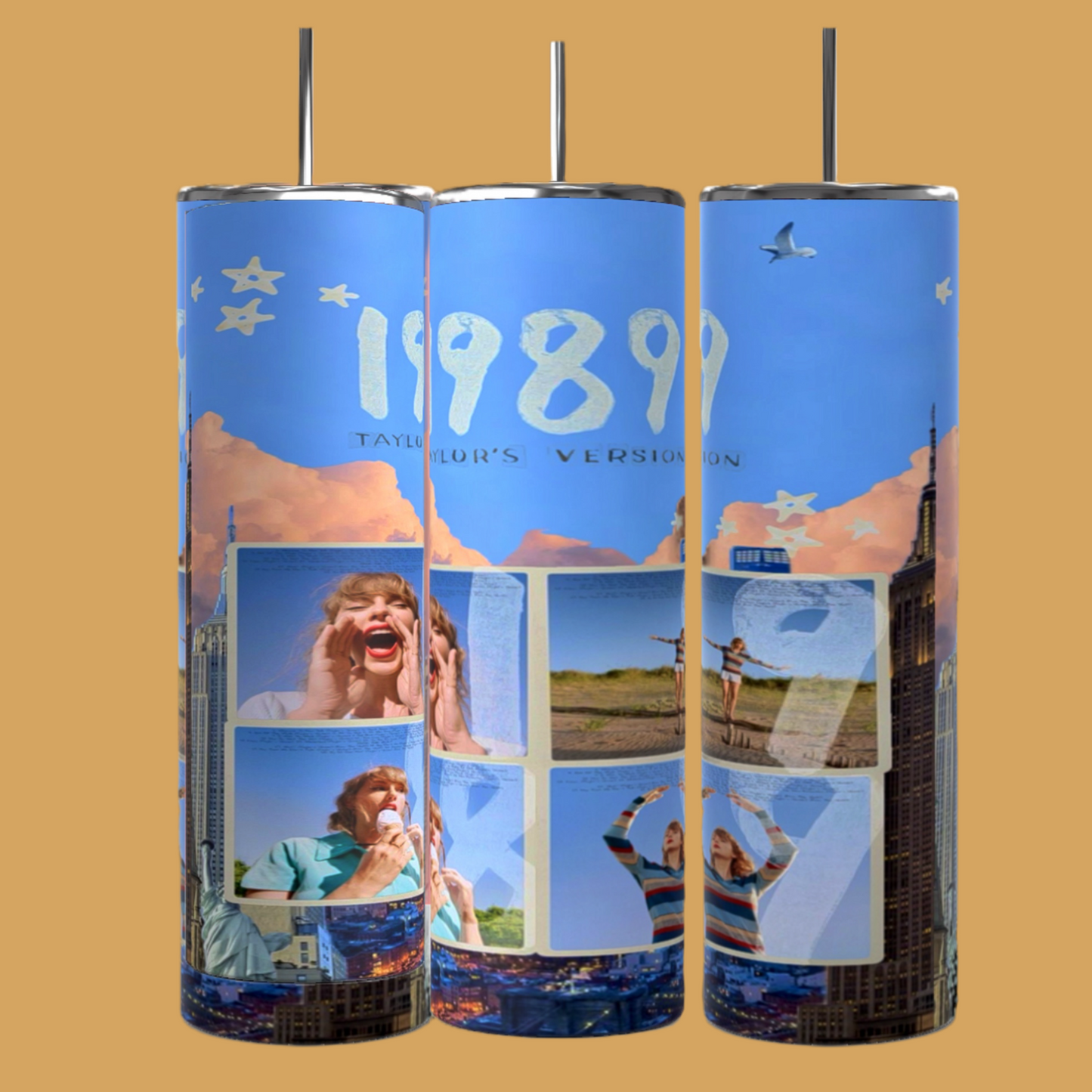 The Taylor Swift 1989 20oz Tumbler by Kreative Kreationz is a sky-blue, insulated tumbler featuring the text "1989 Taylor's Version" surrounded by stars. Below the text, there are five images of a woman singing, standing in a field, dancing, and posing with backdrops of the sky, ocean, and cityscape. This tumbler effortlessly combines style and functionality.