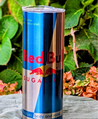 A 20 oz RB Energy-Silver Stainless Steel Tumbler from Kreative Kreationz, resembling a Red Bull Sugar Free can, stands on fabric with leafy greens and pink flowers in the background. The silver and blue tumbler features the Red Bull design, highlighting its revitalizing benefits.