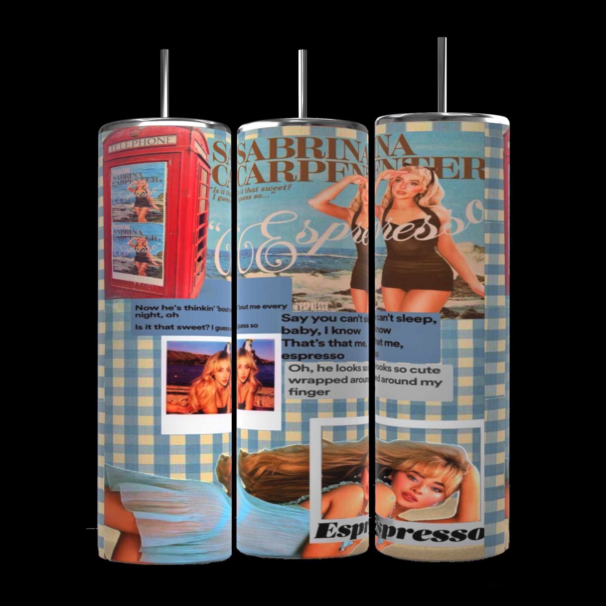 The Kreative Kreationz Expresso 20oz Stainless Steel Tumbler showcases a collage featuring a retro red telephone booth, a checkered background, and various images and text. Prominent visuals include a woman in a bikini, a portrait of another woman, and coffee motifs scattered throughout its design—all complemented by its spill-proof lid.