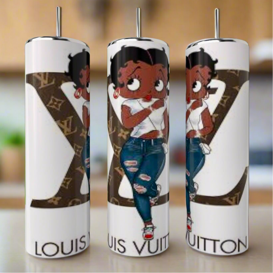 The Betty B Coach 20oz tumbler, by Kreative Kreationz, displays a cartoon character with short dark hair in a white top, ripped jeans, and red sneakers. It's set against a large "V" with the Louis Vuitton monogram pattern and "Louis Vuitton" text below.