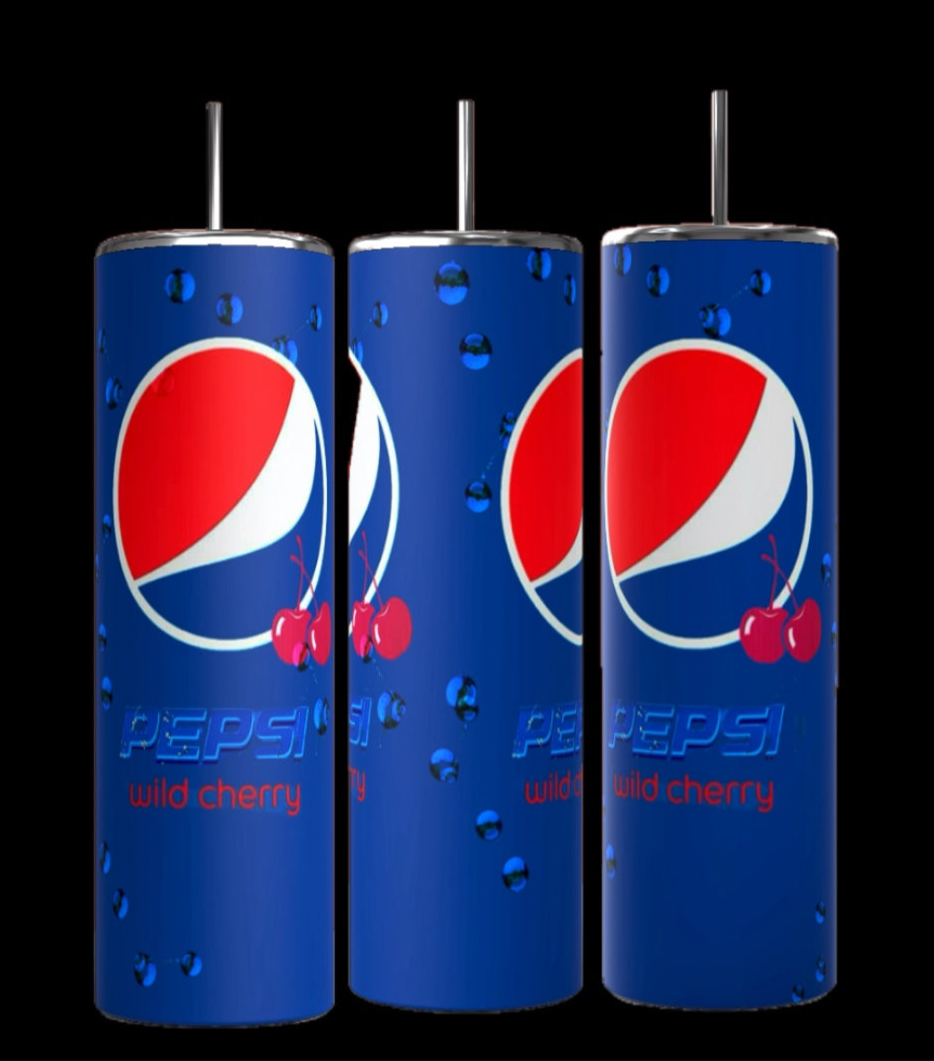 Three Cherry Pepsi 20oz Tumblers from Kreative Kreationz are shown, each featuring the iconic Pepsi logo with red cherries. These tumblers perfectly complement your favorite stainless steel straw, enhancing the refreshing look with their sleek design.