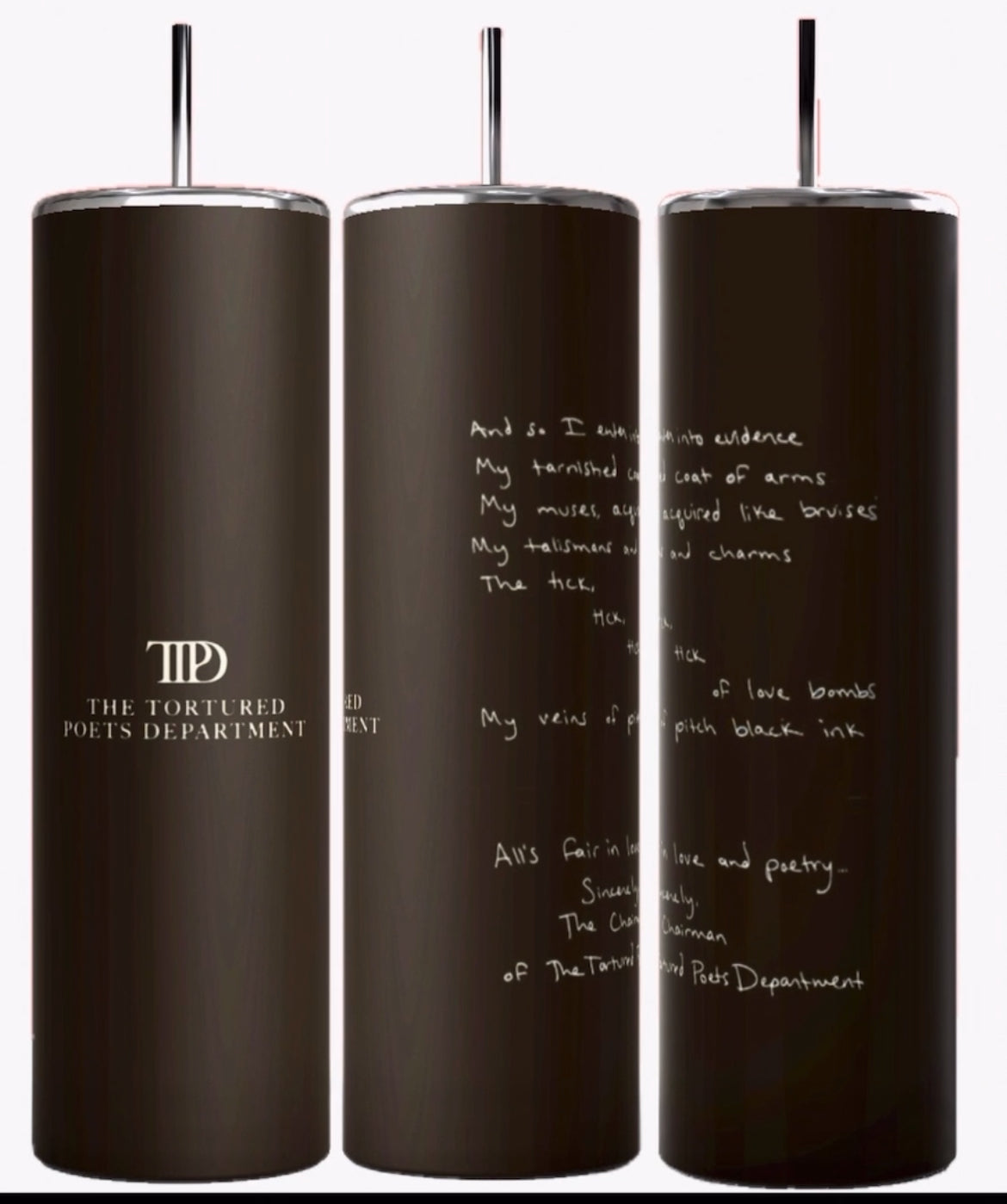 Three TTPD Lyrics 20oz Tumblers by Kreative Kreationz are displayed side by side, each featuring an image of a pensive woman. Overlaying the image, the text reads "i can fix him (no really i can)," with an image of a crossed-out spoon and fork pair. These durable Skinny Tumblers keep beverages hot or cold.