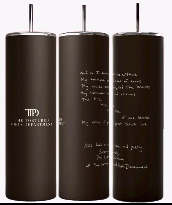 Three TTPD Lyrics 20oz Tumblers by Kreative Kreationz are displayed side by side, each featuring an image of a pensive woman. Overlaying the image, the text reads 