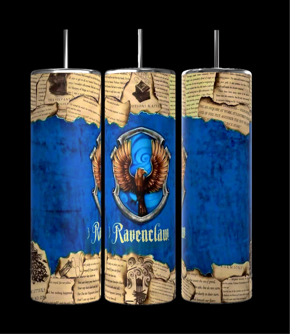 The Harry Potter Collection 20oz Tumblers by Kreative Kreationz come in a set of three insulated cups featuring a blue, worn texture with a raven emblem and "Ravenclaw" text. With a design inspired by a magical school theme, these tumblers showcase torn parchment text and are part of the collection representing all four houses.