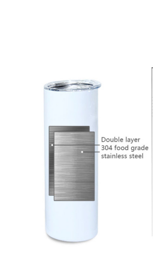 Displayed is the Stitch Glitter 20oz Tumbler by Kreative Kreationz, featuring a tall, cylindrical design with a white exterior. An illustration highlights its double-layered construction made from 304 food-grade stainless steel and its capacity of 20 ounces.