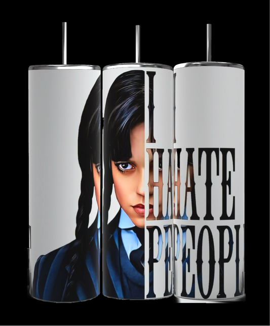 The image features three WEDNESDAY tumblers by Kreative Kreationz, each showing a girl in a blue outfit with braided hair. The 20oz tumbler in the center says "I HATE PEOPLE" across her face, ideal for your Halloween drinkware collection.