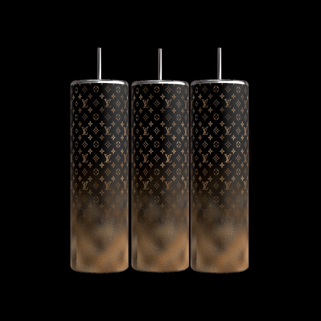 Three LV 20oz Tumblers by Kreative Kreationz, each with a sleek black background and featuring a white and gradient red design with metallic straws. These cylindrical tumblers are adorned with Louis Vittin's iconic overlapping symbols and initials, showcasing durable construction while offering a 20 oz capacity.