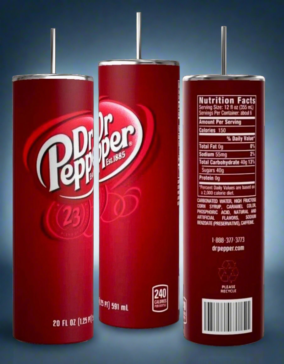 Three Kreative Kreationz Dr Pepper 20oz Tumblers, styled like classic Dr Pepper Cola cans, are displayed against a gradient background. The maroon tumblers feature the iconic logo, nutritional facts on one, and a hint of another with the spill-proof lid and reusable straw design.