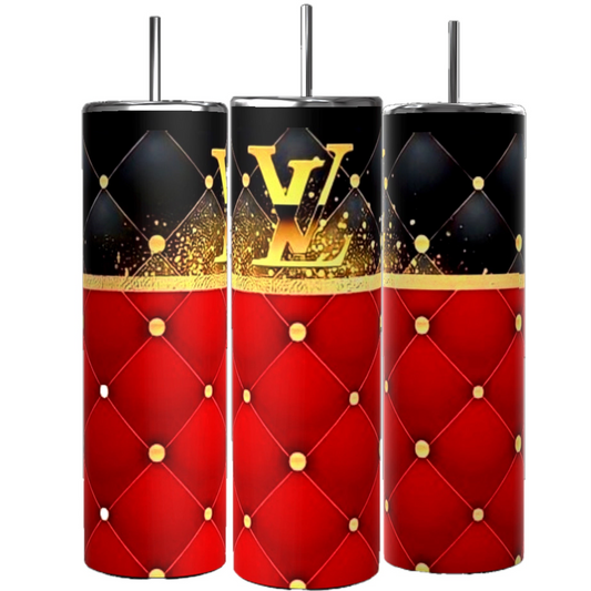 The LV Red Designer 20oz Tumblers by Kreative Kreationz are a set of three sleek tumblers featuring black tops and straws. These luxurious tumblers showcase an elegant design with the upper part adorned in black with golden sparkles and the lower part in red with a tufted pattern, while one tumbler prominently displays an LV logo in gold, emphasizing its durable construction.