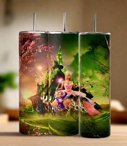 Three 20oz Wicked Skinny Tumblers by Kreative Kreationz feature a vibrant fantasy scene with a pink castle, fireworks, and medieval figures with horses. The design includes lush landscapes in green and pink hues. These insulated tumblers perfectly maintain your drink's temperature.