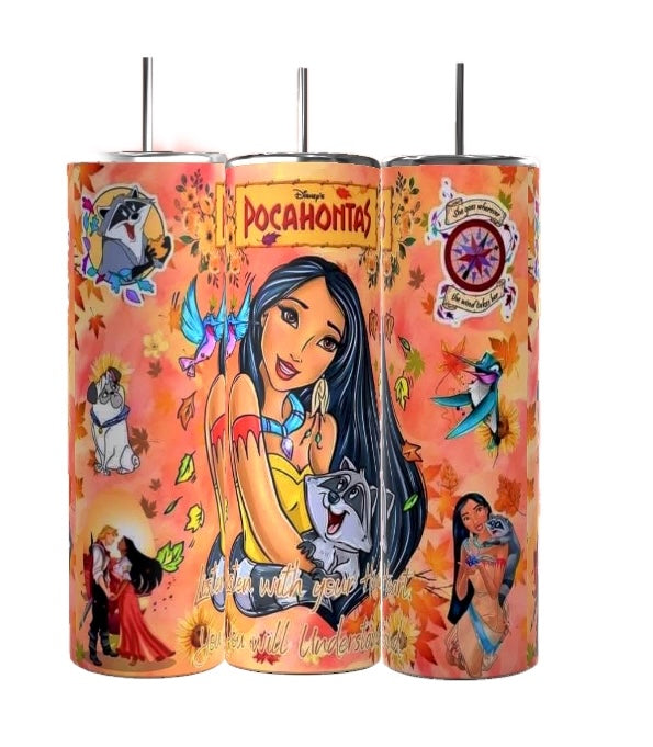 The Pocahontas 20oz Tumblers by Kreative Kreationz showcase enchanting designs featuring Pocahontas surrounded by leaves, animals, and vibrant colors. Each tumbler has a 20 oz capacity with the words "Pocahontas" and "Listen with your heart," and comes equipped with a spill-proof lid for added convenience.