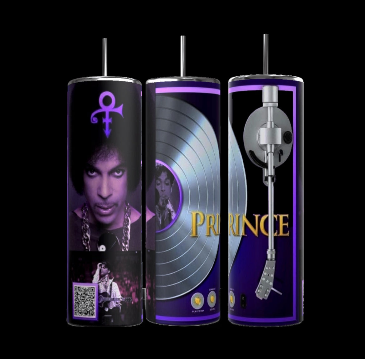 Three stainless steel black cylindrical drink tumblers from Kreative Kreationz, featuring artwork and imagery related to 2Pac's album "All Eyez on Me." The designs include a portrait of 2Pac, the album title, a gold record, and customized active QR code playlists. These 20-ounce Music Tumblers come with black straws and gold accents.