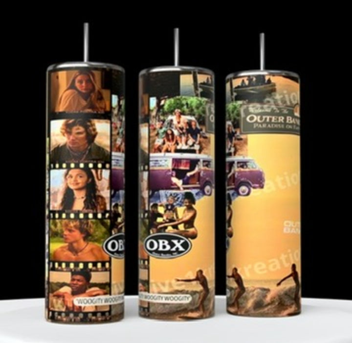 Three cylindrical tumblers, reminiscent of the popular Stanley design, are shown, each featuring a personalized collage of images from the TV show "Outer Banks." The tumblers display the show's logo, character photos, and scenic backgrounds. They are arranged side by side on a white surface against a black backdrop.