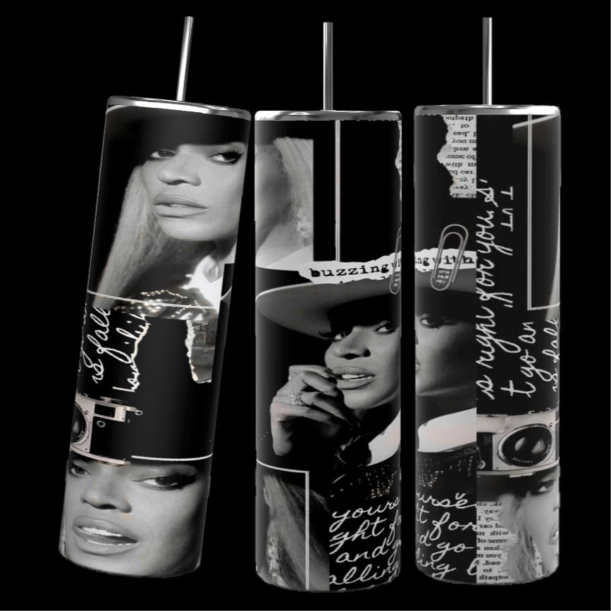 Four tall, slender Beyonce 20oz Stainless Steel Tumblers from Kreative Kreationz with metal straws are displayed against a black background. Each custom tumbler features abstract photo art of a person wearing sunglasses in various poses, overlaid with a geometric black and white design.