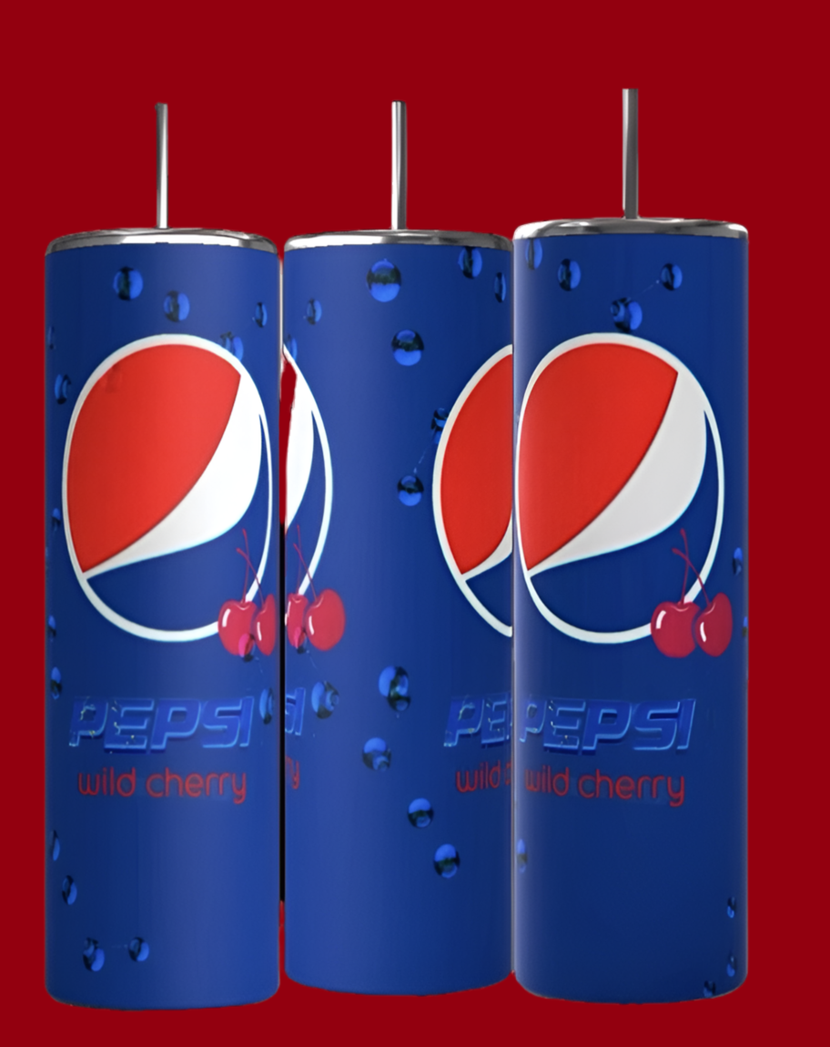 Displayed against a vibrant red backdrop are three tall Cherry Pepsi 20oz Tumblers by Kreative Kreationz. These sleek tumblers feature cylindrical blue designs adorned with the Pepsi logo and cherry images, reminiscent of a refreshing Cherry Pepsi Cola.