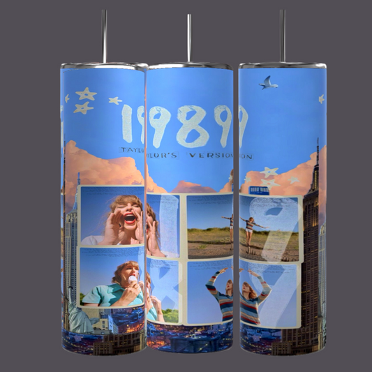 A digital image showcasing three tall, 20oz Taylor Swift 1989 Tumblers from Kreative Kreationz. Each insulated tumbler features a joyful collage set against a backdrop of blue sky, fluffy clouds, and stars. The main text reads "1989 Taylor's Version," with various playful images on each tumbler.