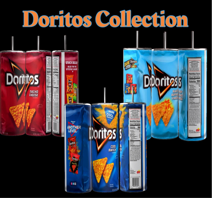 An image showcases two Kreative Kreationz Doritos bacho 20oz Stainless Steel Skinny Tumblers with vibrant graphics of Nacho Cheese and Cool Ranch flavors. "Doritos Collection" stands out at the top, highlighting their imaginative design reminiscent of drink pouches.