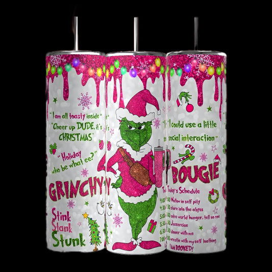 The Grinch Bougie Christmas 20oz Tumblers by Kreative Kreationz feature a green character in a Santa outfit, playful phrases like "Bougie Grinch," and festive imagery such as ornaments, snowflakes, and lights on a dripping paint design for an eco-friendly holiday treat.