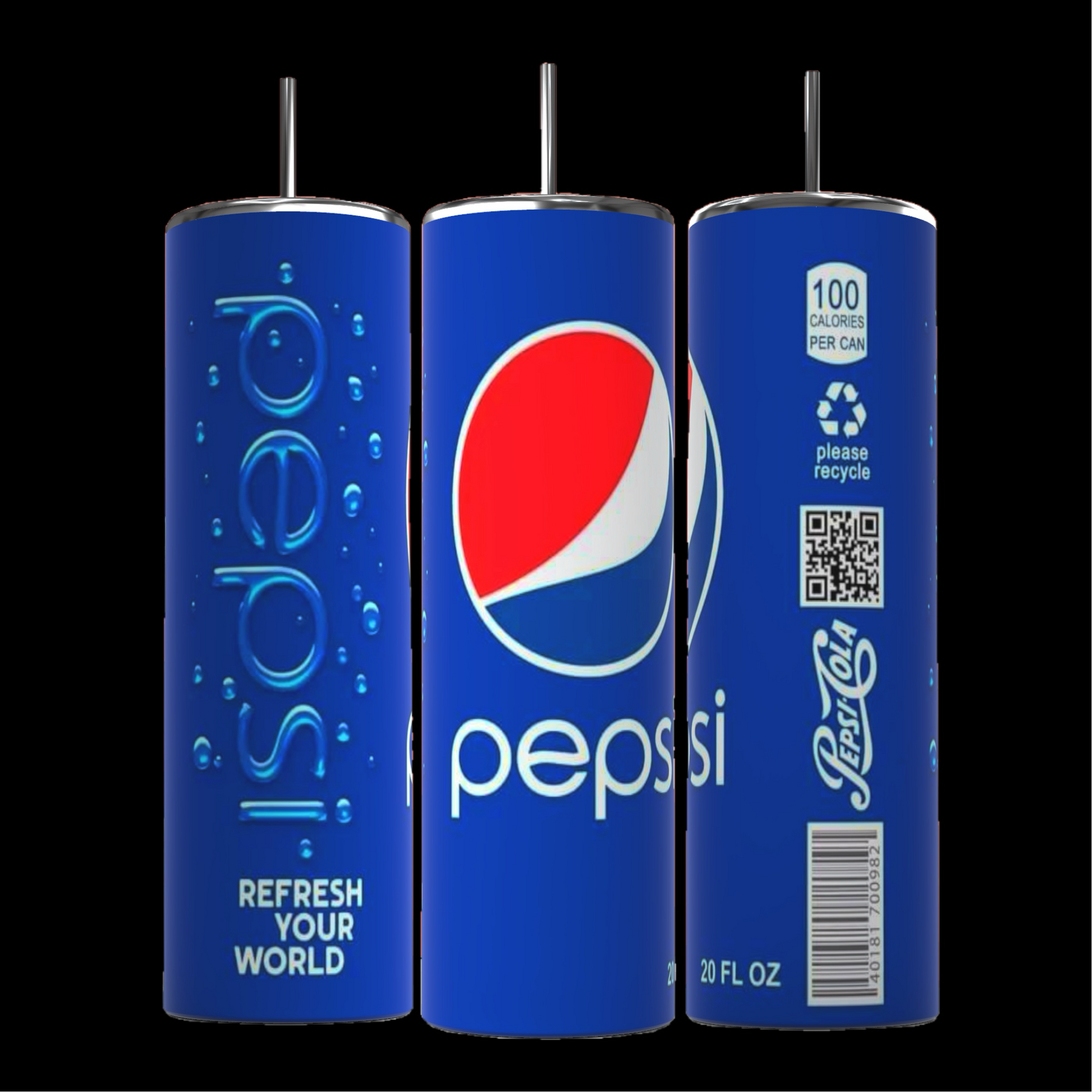 Three blue Pepsi-styled tumblers are displayed. The front tumbler features the iconic Pepsi logo with a red, white, and blue design. The left tumbler displays "Pepsi" vertically with "Refresh Your World" at the bottom. The right tumbler showcases nutritional information, a recycle symbol, and a 20 FL OZ label next to a spill-proof lid. These tumblers are branded as Kreative Kreationz's Pepsi 20oz Skinny Tumblers made from Stainless Steel with Double Wall Insulation.