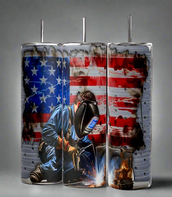 The 20 oz Welders Tumbler by Kreative Kreationz showcases an American flag and dynamic welding scene. It features a welder in a protective mask with flying sparks, set against stars and stripes—ideal for those proud of their craft.