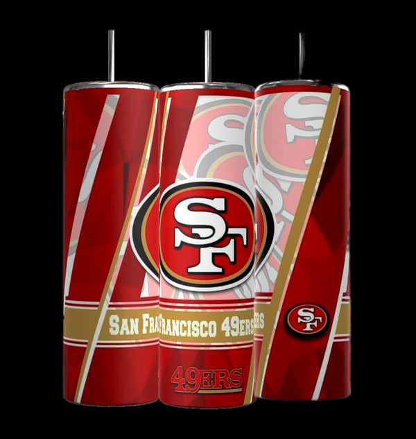 The SF 49ers-20oz Skinny Tumbler by Kreative Kreationz features the iconic San Francisco 49ers logo in red, white, and gold. Made with durable construction and a spill-proof lid, it's perfect for fans. Show your team spirit with "San Francisco 49ers" and "49ERS" emblazoned proudly.