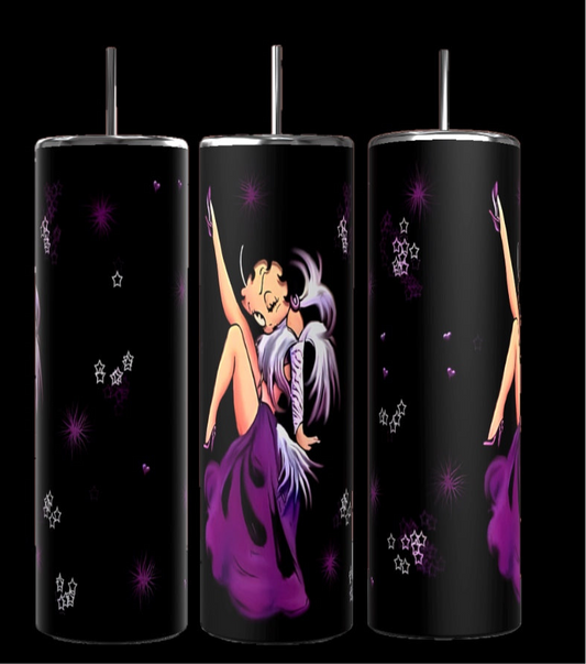 The Betty B 20oz Skinny Tumbler from Kreative Kreationz features a vintage cartoon character in a purple dress with feathered accents. It has purple stars and sparkles on a sleek black background, combining style and functionality.