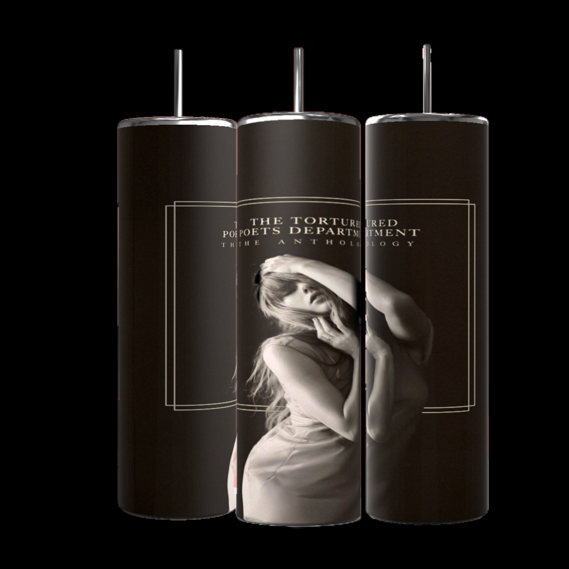 Three tall cylindrical tumblers from Kreative Kreationz, featuring black backgrounds. The center tumbler displays an image of a woman with long hair, holding her hands to her face, with the text above reading "The Tortured Poets Department: The Anthology." These tumblers are as sleek and well-constructed as can be found in The Anthropology TTPD 20oz Tumbler collection.