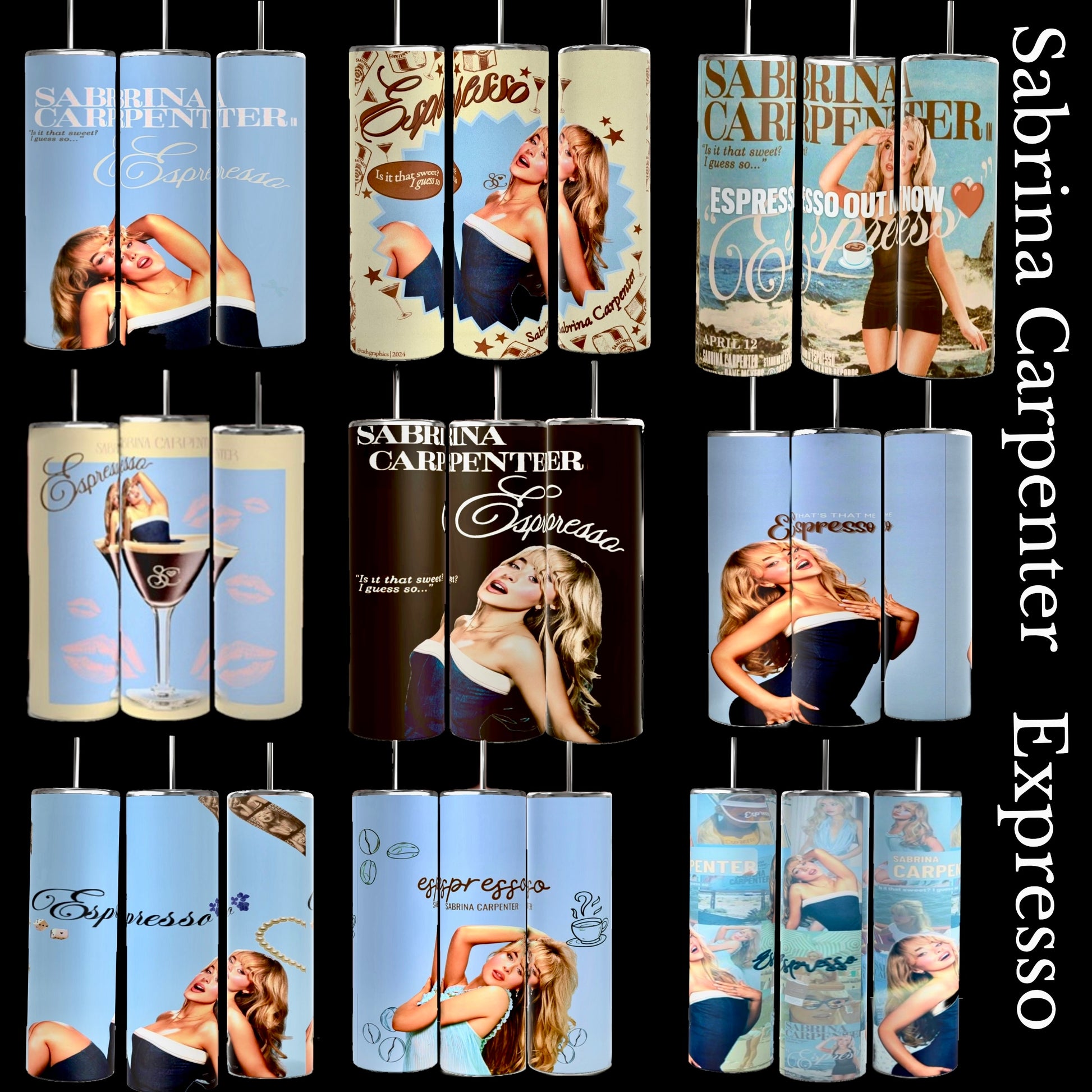 A collage of nine images showcases the Sabrina Carpenter | Expresso Collection of 20oz Tumblers by Kreative Kreationz, each featuring unique designs of a woman in various poses and outfits. The text "Sabrina Carpenter Expresso" is prominently displayed on all designs. These tumblers come with spill-proof lids, and the background colors range from light blue to dark brown.