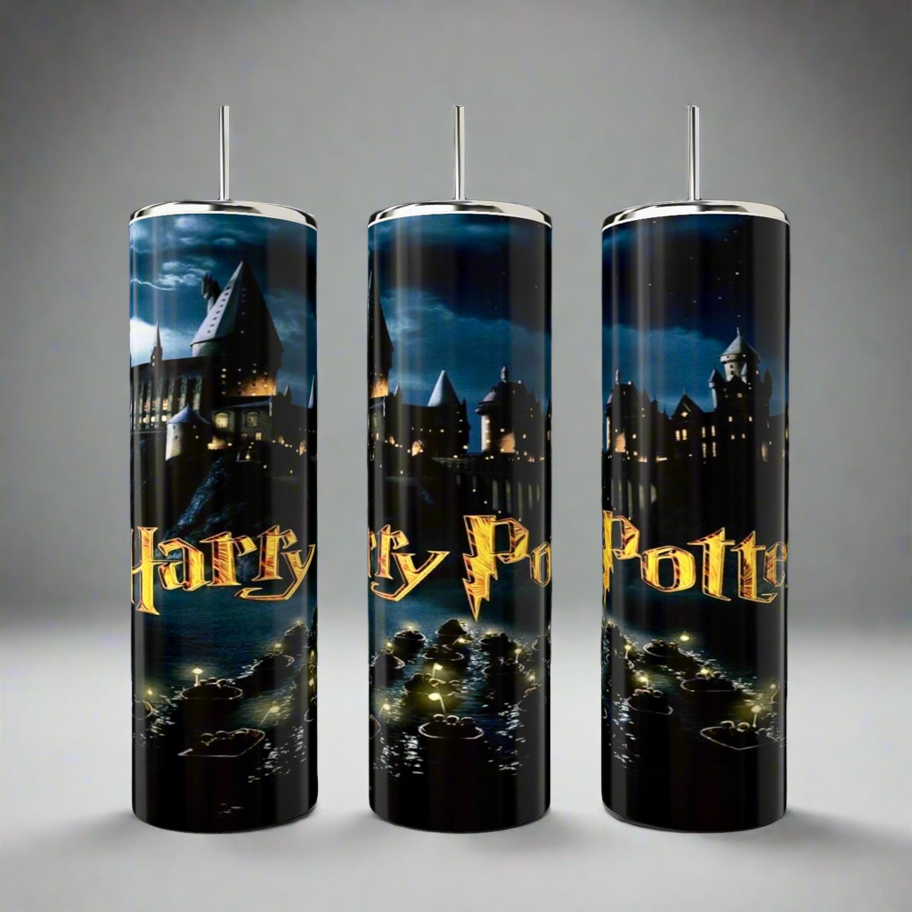 Kreative Kreationz offers durable 20oz skinny Harry Potter Tumblers, featuring a nighttime castle scene with glowing windows. The "Harry Potter" text contrasts beautifully against the dark background, creating a magical vibe.