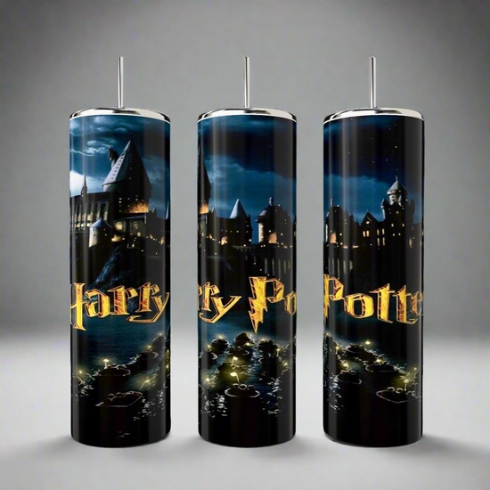 Kreative Kreationz offers durable 20oz skinny Harry Potter Tumblers, featuring a nighttime castle scene with glowing windows. The 