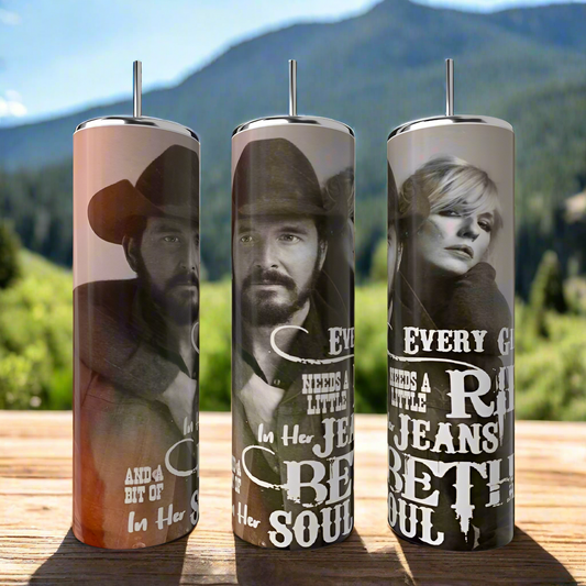 Three Kreative Kreationz Yellowstone 20oz Tumblers, featuring stainless steel and grayscale portraits of a cowboy-hatted man and woman with stylized text, are set against a scenic mountain backdrop, showcasing western-themed designs.