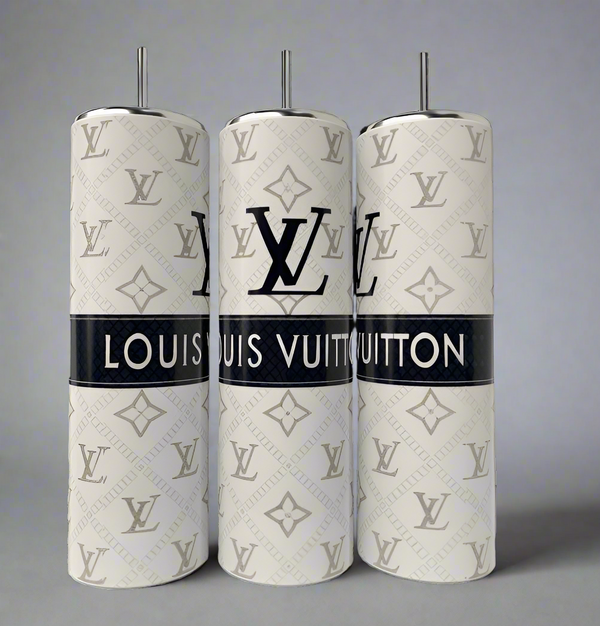 The set includes three toilet brushes mimicking luxe brand items, with white handles and patterned exteriors displaying gray logos. The central brush features "Louis Vuitton" in black on a white band, echoing the elegance of Kreative Kreationz's 20oz LV Skinny Tumbler.