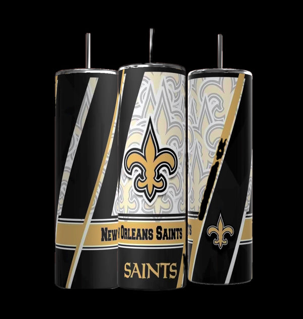 These elegant, spill-proof 20oz Skinny Tumblers from Kreative Kreationz are part of the NFL Collection. They showcase the New Orleans Saints logo and name with a striking black and gold design featuring abstract patterns and diagonal stripes.