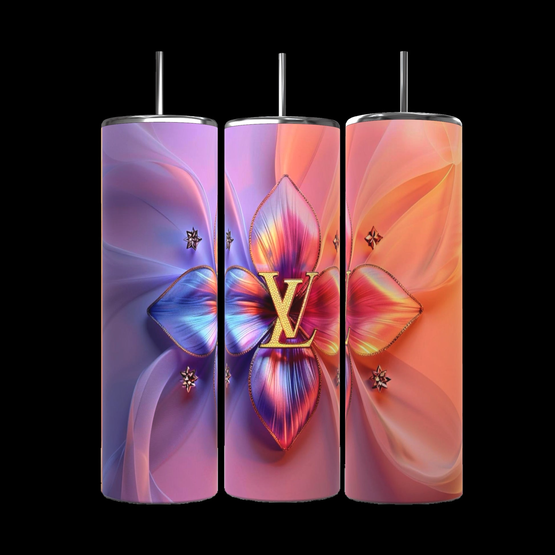 Three tall, cylindrical LV Puffy 20oz Tumblers by Kreative Kreationz come complete with metal straws. The first tumbler showcases a gradient background transitioning from blue to violet, adorned with a large, colorful floral centerpiece. The middle and right tumblers feature similar floral designs, each boasting unique color gradients and durable construction for maximum longevity.