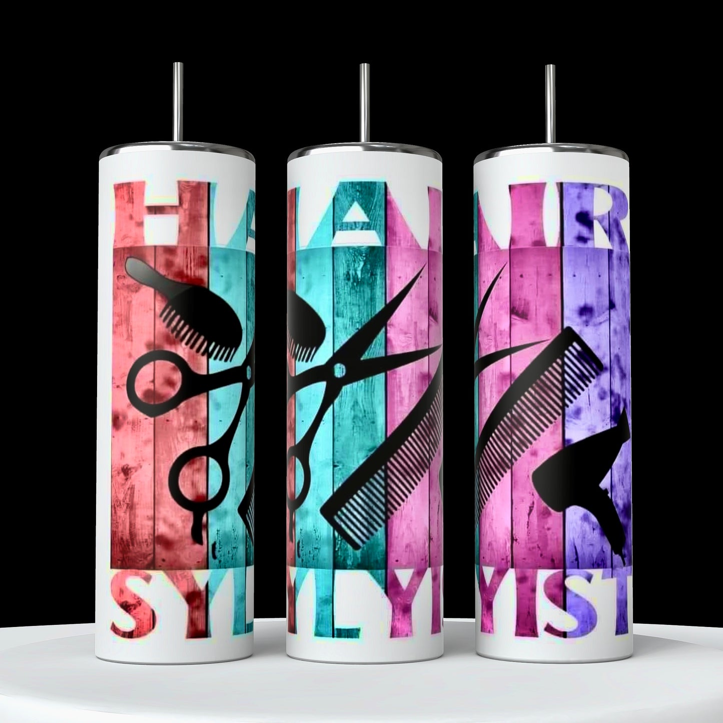 Three cylindrical tumblers from the Hairstylist Collection by Kreative Kreationz are displayed against a black background. Each 20oz tumbler showcases a pattern of various hairstyling tools, including scissors, clippers, combs, hairdryers, mirrors, and pink roses on a black background. Experience durable construction with every use.