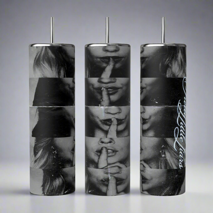 Three cylinders on a white stage with a grey background, showing all sides of 20 ounce Tumbler, the title pretty little liars cast with four females, the title pretty little liars down the side of the cylinder in text the pretty little liars cast with their fingers to their lips in a shh motion 