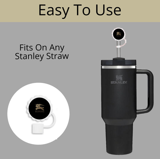 The Burberry Straw Cover by Kreative Kreationz is designed for Stanley cups in 40oz, 30oz, and 20oz sizes with 10mm straws. Featured in black with a handle and a cap that fits any Stanley straw, it's showcased on a light gray background labeled 