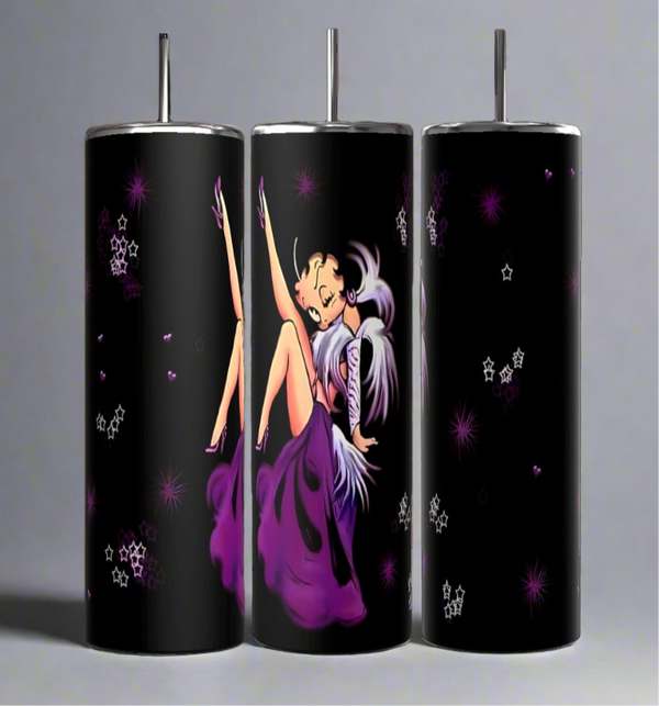 Three Betty B 20oz Skinny Tumblers from Kreative Kreationz feature a black background adorned with a fairy-like figure in a purple dress and wings, surrounded by purple and white stars.