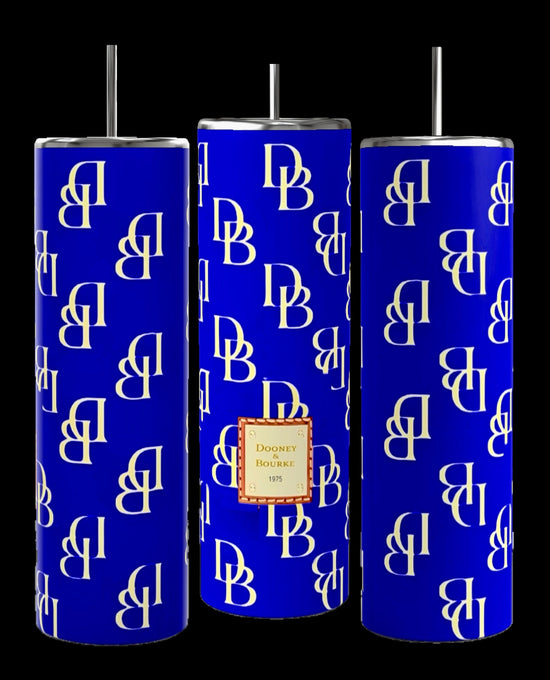 Image of a Dooney and Bourke -Blue 20oz Tumbler by Kreative Kreationz, featuring double-wall insulation and a double layer of 304 food grade stainless steel, highlighted by a magnified section showing its inner structure. Also included are the detachable stainless steel straw and a round silicone coaster.