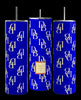 Image of a Dooney and Bourke -Blue 20oz Tumbler by Kreative Kreationz, featuring double-wall insulation and a double layer of 304 food grade stainless steel, highlighted by a magnified section showing its inner structure. Also included are the detachable stainless steel straw and a round silicone coaster.