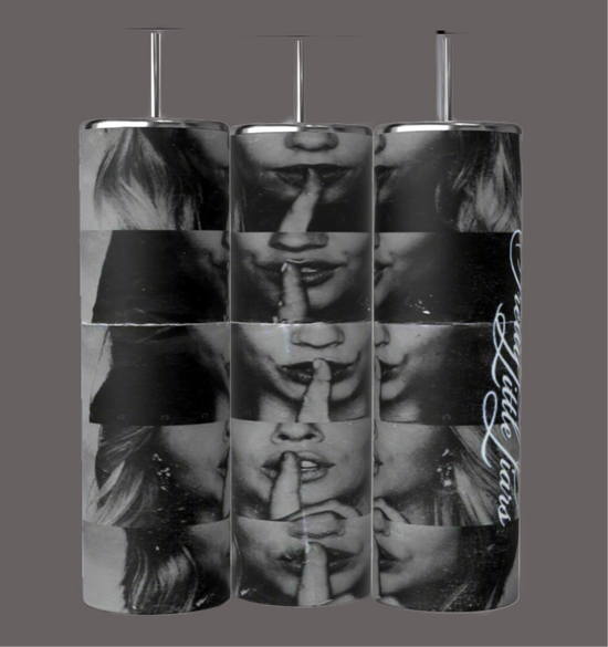 Three Kreative Kreationz Pretty Little Liars 20oz Tumblers feature a black and white design of a woman making a shushing gesture, with 